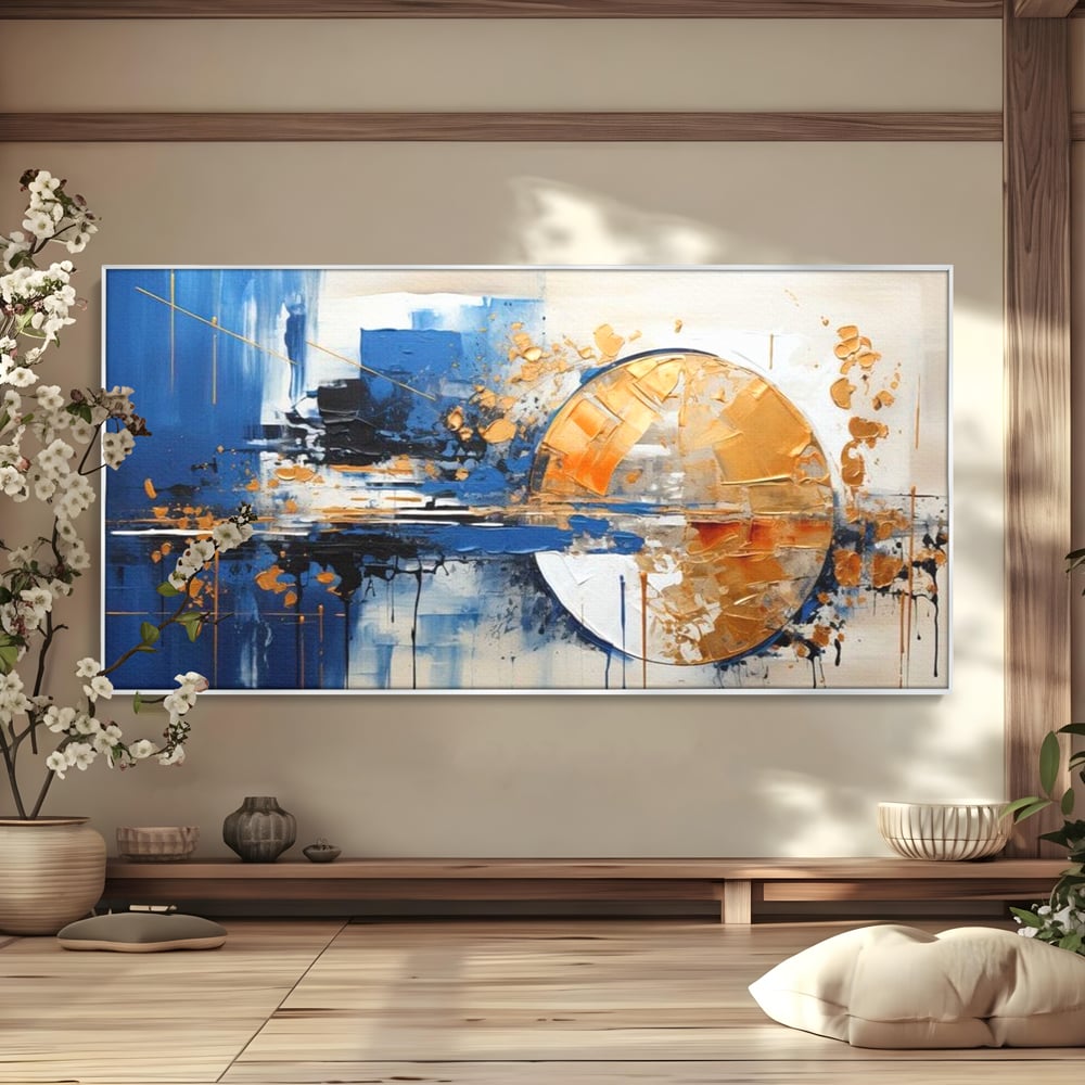 Tablou canvas cu pictura abstracta cu cerc auriu si albastru, in rama de aluminiu argintiu